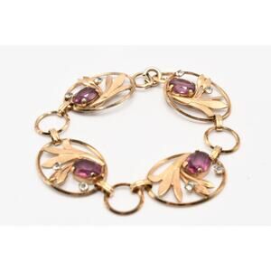 Vintage Purple Rhinestone Link Bracelet Gold Tone Floral 7.25 Inch